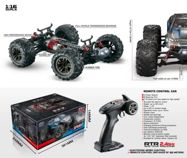 1:16 4WD High Speed Monster Truck SPIRIT 2,4GHz Black/Blue – RC Buggies