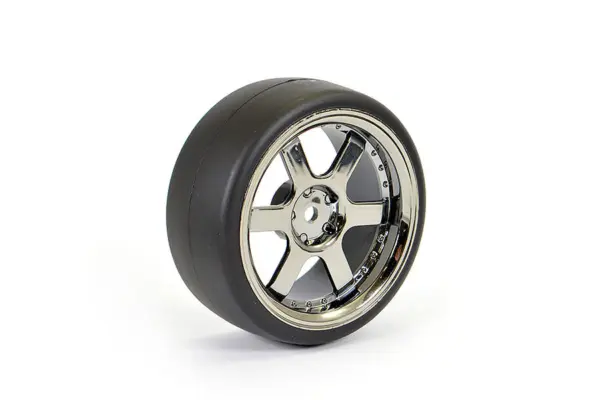 Fastrax 1/10 (4) Drift D1 Tyre W/3mm 6-Spoke Wheel- Bk Chrome – view 4