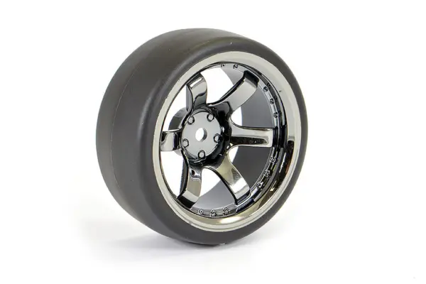 Fastrax 1/10 (4) Drift D1 Tyre W/9mm 6-Spoke Wheel- Bk Chrome – view 3