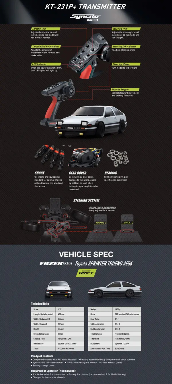 Kyosho Fazer D2 Toyota Sprinter Trueno AE86 White 1:10 Drift Readyset – RC Drift Car – view 11