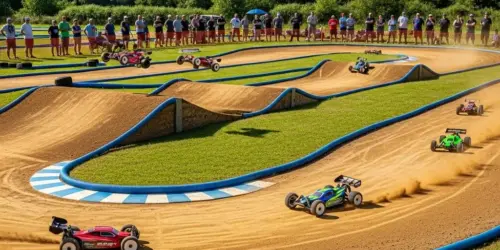 Electric RC track layout with cars racing, showcasing design elements for optimal performance