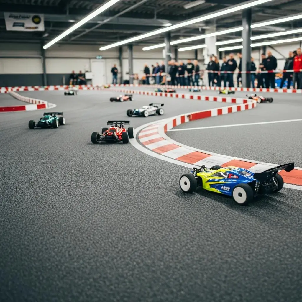 Indoor RC track with carpet surface and racing cars, illustrating performance characteristics