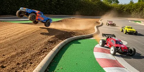 Off-road RC track with cars racing on diverse surfaces
