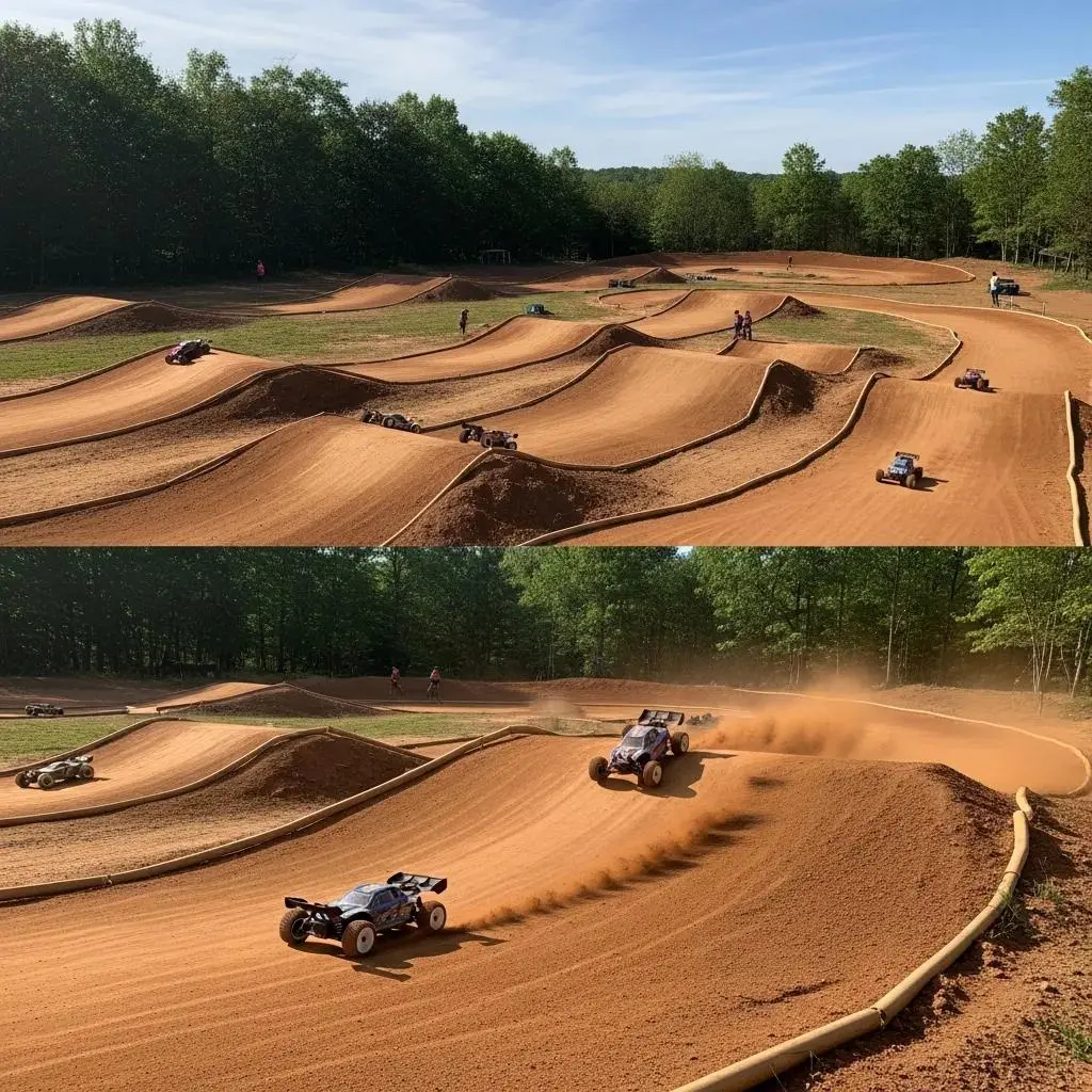 Outdoor RC track with dirt and clay surfaces, highlighting the racing experience