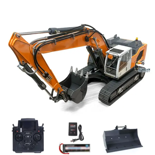XDRC 1/14 Full Metal RC Excavator 945 Remote Control Tracked Hydraulic Construction Vehicles Trucks 5CH Reversing Valves PL18EV Radio Light Sound Quick Coupler Steel