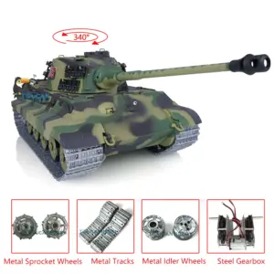 2.4Ghz Henglong 1:16 7.0 German King Tiger RTR RC Tank 3888A Model Metal Tracks 340 Degree Turret Steel Driving Gearbox