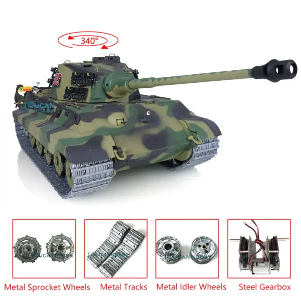 2.4Ghz Henglong 1:16 7.0 German King Tiger RTR RC Tank 3888A Model Metal Tracks 340 Degree Turret Steel Driving Gearbox