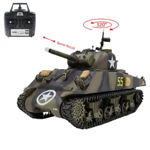 Plastic Henglong 1/16 7.0 RC Tank M4A3 Sherman 3898 320 Degrees Turret Barrel Recoil BB IR Smoking Steel Gearbox Battery 2.4G Radio