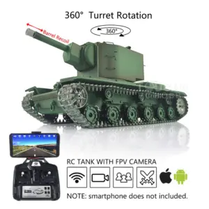 Henglong 1/16 7.0 RC Tank Remote Controlled Military Truck 3949 Upgraded Painted FPV Soviet KV-2 Gigant RTR 360 Turret