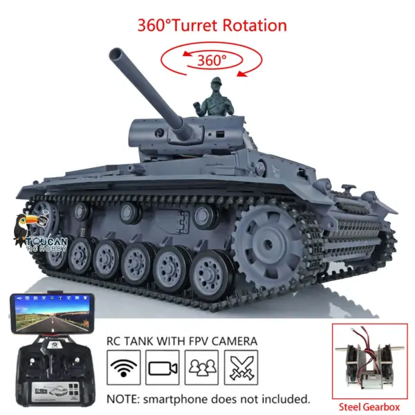 Henglong 1/16 RC Tank 7.0 Plastic Panzer III L 3848 Remote Control Tank w/ 360Degrees Rotating Turret FPV Steel Gearbox Smoking