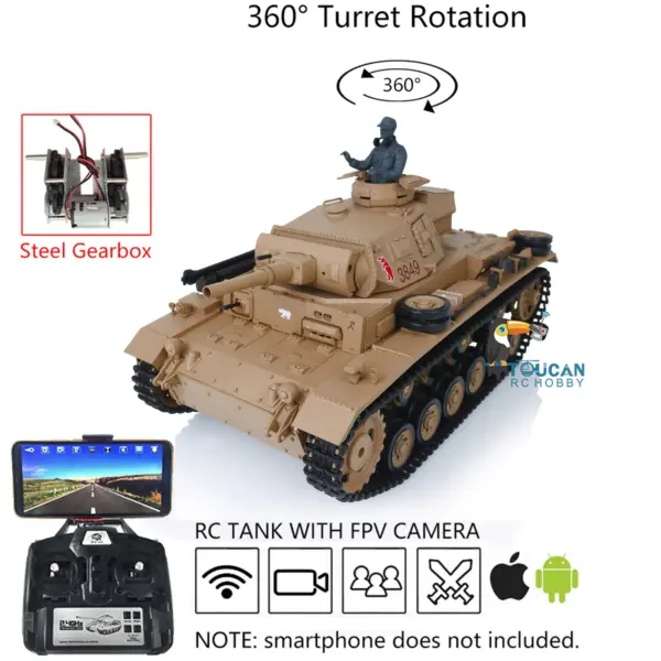 Henglong 1/16 7.0 Plastic Panzer III H FPV RC Tank 3849 Gearbox 360 Degrees Turret