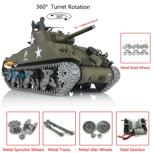 Henglong 1/16 Customized RC Tank 7.0 M4A3 Sherman Remote Control Tank 3898 Barrel Recoil 360Degrees Rotating Turret Metal Road Wheels
