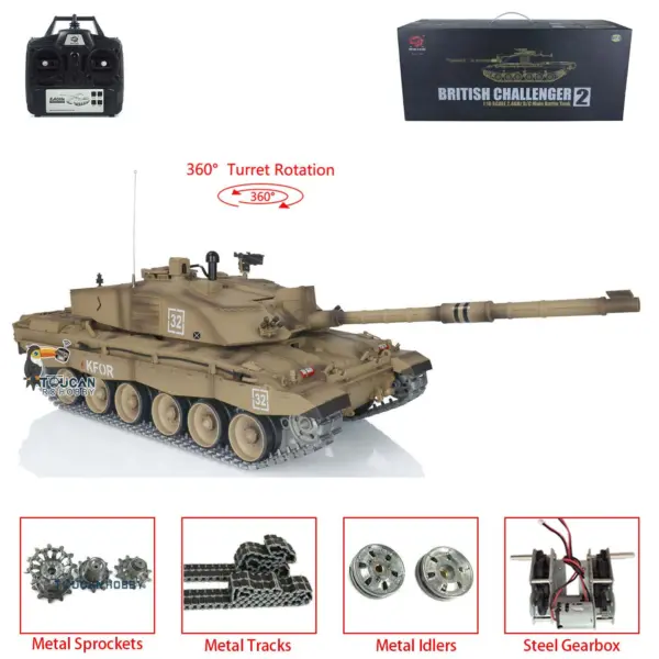 Henglong 1/16 7.0 British Challenger II RC Tank 3908 RTR Model 360Degrees Turret Metal Tracks W/ Rubber Pads Sprockets Steel Gearbox