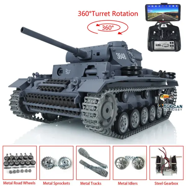 Henglong 1/16 RTR RC Tank 3848 7.0 Customized Panzer III L w/ 360Degrees Rotating Turret FPV Metal Tracks Road Wheels Smoking Gearbox