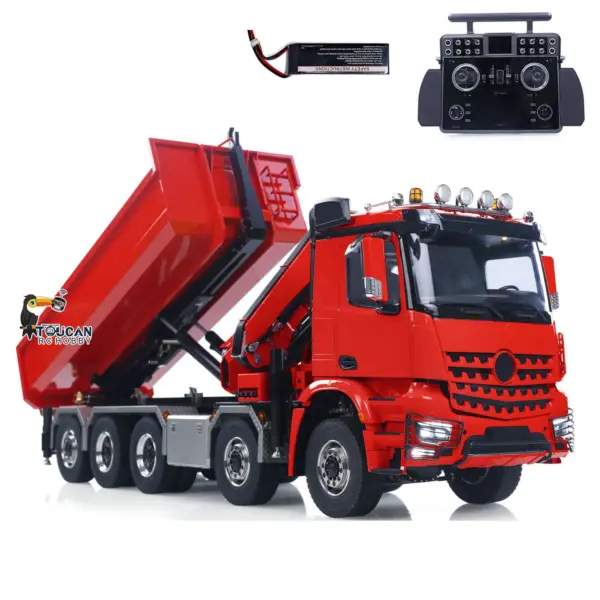 1/14 10x10 RC Hydraulic Crane Dump Truck Radio Control Full Dumper Lorry with U-shaped Short High Standard Bucket Timber Flatbed
