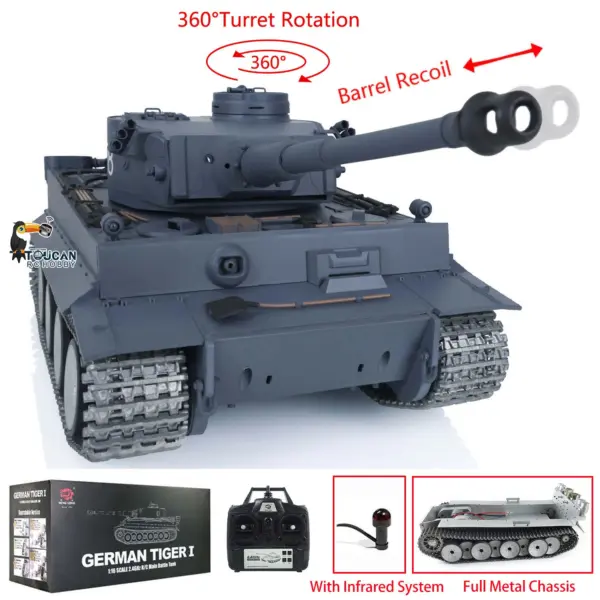 HengLong Factory 1/16 3818 German Tiger 1 Full Metal Chassis Plastic Upper Hull RTR RC Tank Speaker 360Degrees Turret Smoke Gearbox