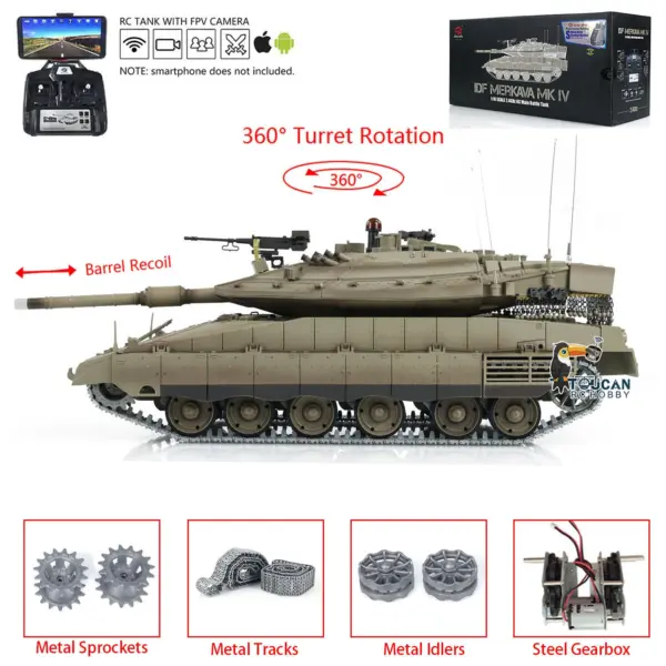 1:16 Heng Long 3958 RC Main Battle Tank IDF Merkava MK IV FPV Upgrade Edition W/ Metal Tracks 360 Rotating Barrel Recoil