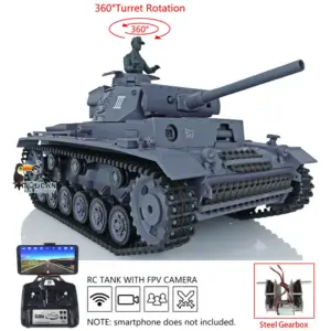 Henglong 1/16 RC Tank 7.0 Plastic Panzer III L 3848 Remote Control Tank w/ 360Degrees Rotating Turret FPV Steel Gearbox Smoking