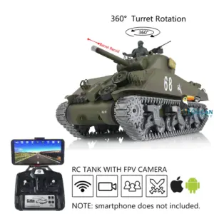 Henglong 1/16 Customized 7.0 M4A3 Sherman RC Tank 3898 w/ 360Degrees Rotating Turret FPV Barrel Recoil Metal Road Wheels Tracks Idler