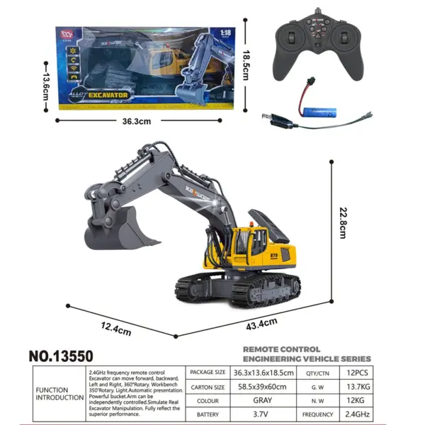 HUINA 1/18 RC Toys Gift 13550 Remote Control Excavator 11CH 350?? Rotation RC Digger 2.4G Radio Battery Light Sound USB Charger