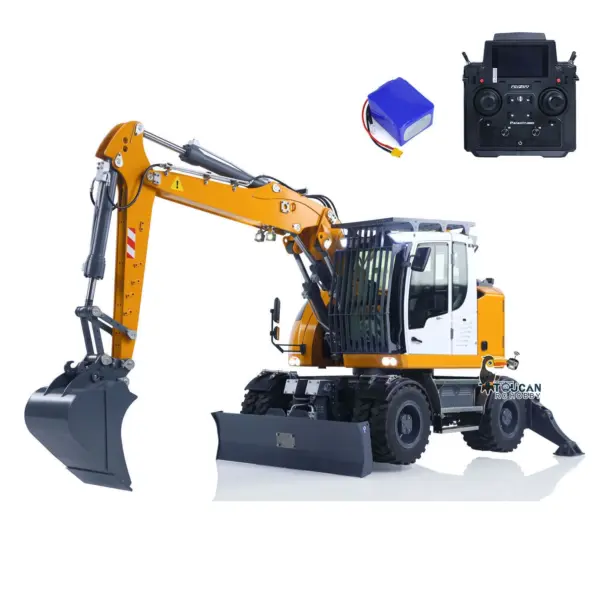 1/14 Metal RC Hydraulic Wheeled Excavator LR914 4*4 8ways Valve RTR Digger Toy Axle Lock Flysky PL18EV Lite Light Sound Mudguard Manual Quick Release Tail hook