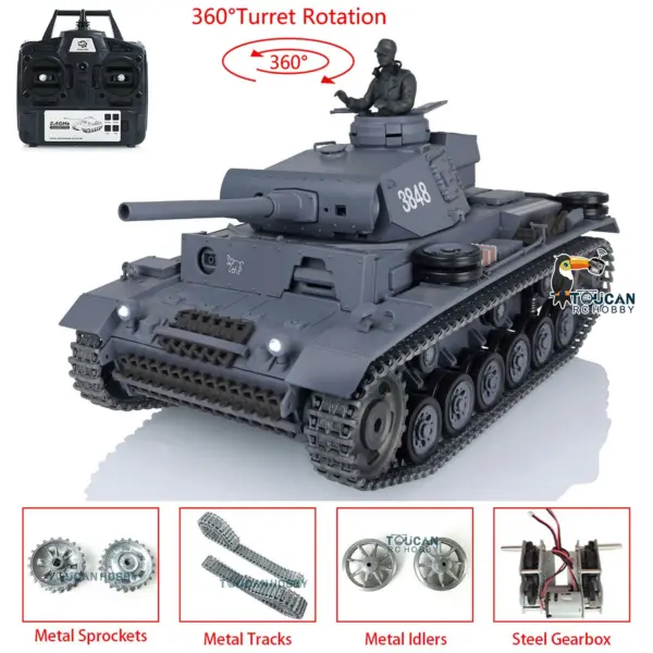 Henglong 1/16 Upgraded German Tank 3848 RC Tank Panzer III L 7.0 w/ 360Degrees Rotating Turret 2 Sounds for Radio Control Tank for