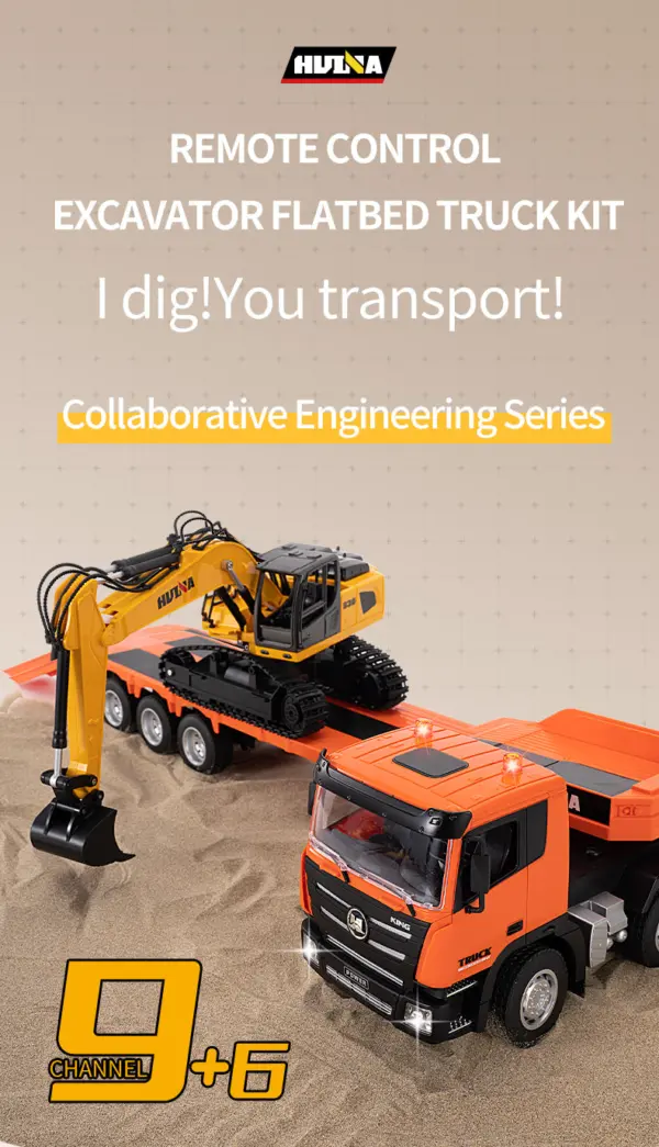 1:18 Huina 2.4G 1319 RC Tractor Truck RTR Remote Controlled Excavator with Flatbed Trailer Assembled and Painted