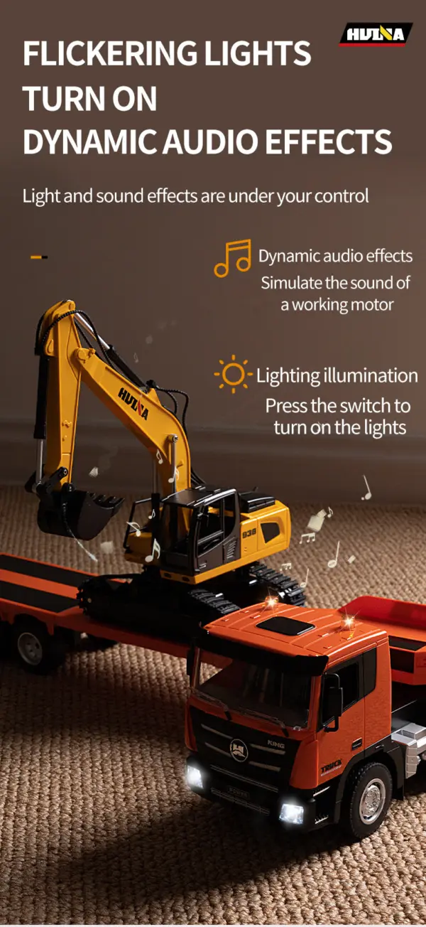 1:18 Huina 2.4G 1319 RC Tractor Truck RTR Remote Controlled Excavator with Flatbed Trailer Assembled and Painted