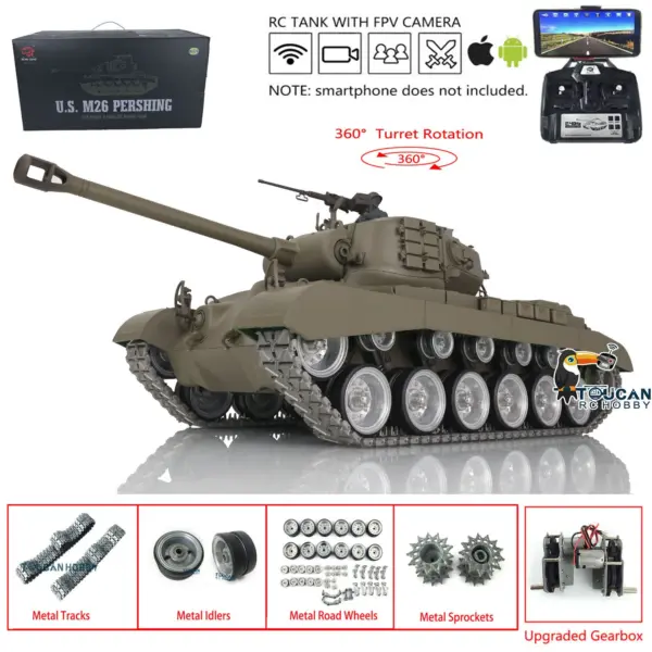 Henglong 1/16 Radio Control Tank 3838 USA M26 Pershing w/ FPV 360Degrees Rotating Turret Engine Sound Metal Road Wheels on RC Tank