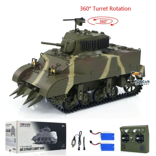 1/16 RC Tank US M5A1 Stuart VI Remote Control RTR Light Tank 360 Smoking Radio System Barrel Recoil Light Flash Two Battery