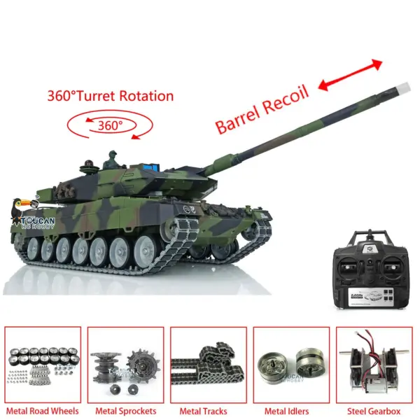 Henglong Military Tank 1/16 TK7.0 Leopard2A6 RC Tank Upgraded 3889 Barrel Recoil 360 Rotating Turret Metal Tracks W/ Rubber Pad
