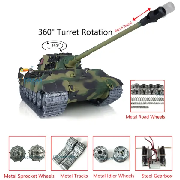 Henglong 1/16 RC Tank 3888A 7.0 King Tiger Remote Control Tank 360 Degrees Rotating Turret Metal Road Wheel Barrel Recoil
