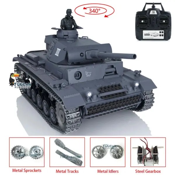 Henglong Upgraded German Tank 3848 RC Tank Panzer III L 7.0 1/16 W/ Metal Sprockets Idlers 2 Sounds for Radio Control Tank