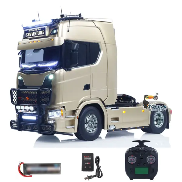 Plastic 1/14 RC Tractor Truck 56379 Remote Control Construction Vehicle Customized by Toucanhobby 4X2 Chassis 3Speed Gearbox Flowing Water Light Smoke Unit ST8 Radio RTR