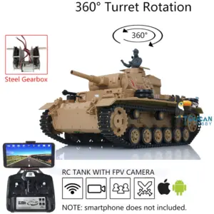 Henglong 1/16 7.0 Plastic Panzer III H FPV RC Tank 3849 Gearbox 360 Degrees Turret