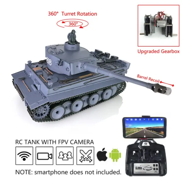 Henglong 1/16 7.0 Plastic Tiger I RC Tank 3818 w/ 360Degrees Rotating Turret Barrel Recoil FPV Phone Holder Steel Gearbox Engine Sound