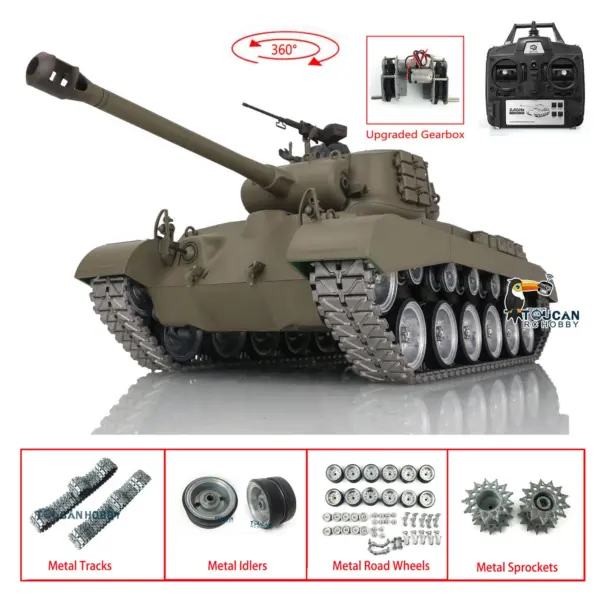 Henglong 1/16 7.0 Customized M26 Pershing RTR RC Tank 3838 w/ 360Degrees Rotating Turret Metal Tracks Idler Sproket Road Wheels Smoking