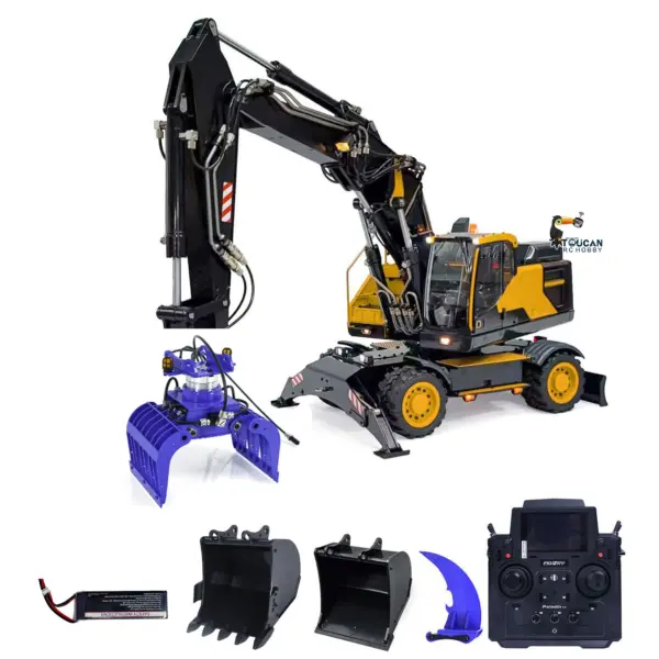 1:14 RC Hydraulic Digger Metal 3-Arm EC380 Wheeled Remote Controlled Excavators Grab Tiltable Clamshell Bucket Simulation Model