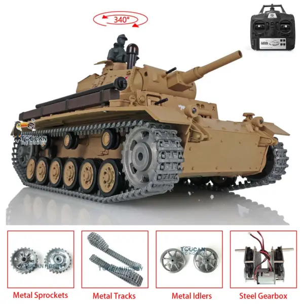 Henglong 1/16 Radio Control Tank Panzer III H 3849 Upgraded 7.0 RTR RC Tank w/ Metal Idler Sproket Wheels Tracks Steel Gearbox