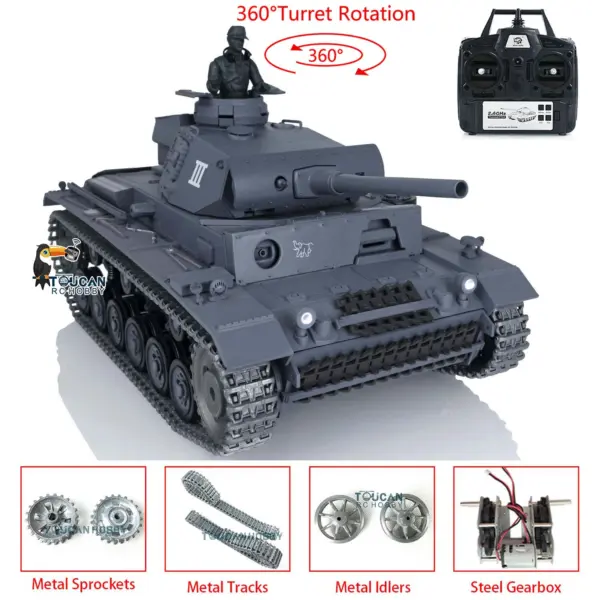 Henglong 1/16 Upgraded German Tank 3848 RC Tank Panzer III L 7.0 w/ 360Degrees Rotating Turret 2 Sounds for Radio Control Tank for