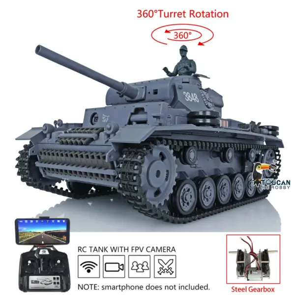 Henglong 1/16 RC Tank 7.0 Plastic Panzer III L 3848 Remote Control Tank w/ 360Degrees Rotating Turret FPV Steel Gearbox Smoking