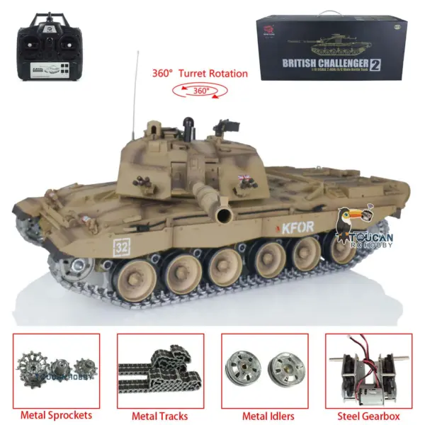 Henglong 1/16 7.0 British Challenger II RC Tank 3908 RTR Model 360Degrees Turret Metal Tracks W/ Rubber Pads Sprockets Steel Gearbox