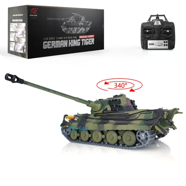 2.4Ghz Henglong 1:16 7.0 German King Tiger RTR RC Tank 3888A Model Metal Tracks 340 Degree Turret Steel Driving Gearbox