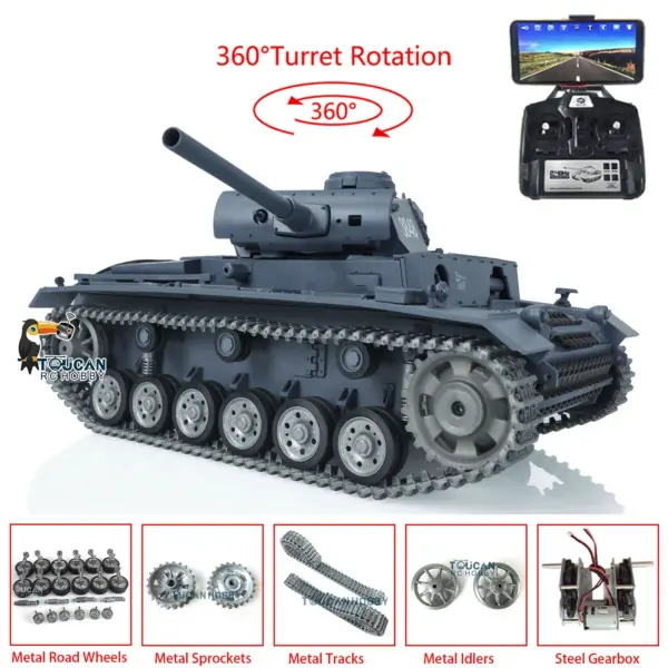 Henglong 1/16 RTR RC Tank 3848 7.0 Customized Panzer III L w/ 360Degrees Rotating Turret FPV Metal Tracks Road Wheels Smoking Gearbox