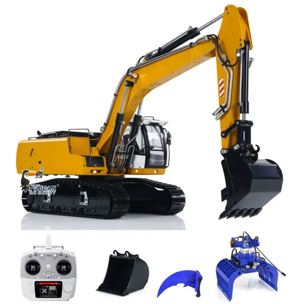 Remote Controlled Excavator 1/14 Scale 946 9CH Tracked Digger Two-Section Arm Metal Grab Bucket Ripper Light Motor ESC Cylinders