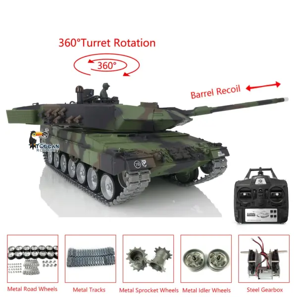 Henglong 1/16 7.0 Customized Leopard2A6 RC Tank 3889 w/ Metal Tracks Road Wheels Barrel Recoil 360Degrees Rotating Turret Engine Sound
