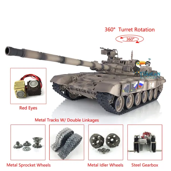 Henglong 2.4Ghz 1:16 7.0 Russian T90 RTR RC Tank 3938 Model W/ 360Degrees Turret Red Eyes Metal Tracks Linkages Idlers Sprockets