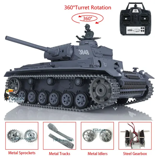 Henglong 1/16 Upgraded German Tank 3848 RC Tank Panzer III L 7.0 w/ 360Degrees Rotating Turret 2 Sounds for Radio Control Tank for