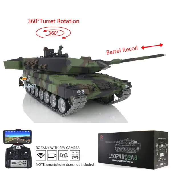 Henglong 1/16 7.0 Version Customized Leopard2A6 RC Tank 3889 w/ Metal Tracks FPV Barrel Recoil BB Shooting 360Degrees Rotating Turret
