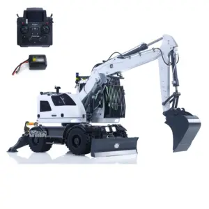 1/14 Metal RC Hydraulic Wheeled Excavator LR914 4*4 8ways Valve RTR Digger Toy Axle Lock Flysky PL18EV Lite Light Sound Mudguard Manual Quick Release Tail hook